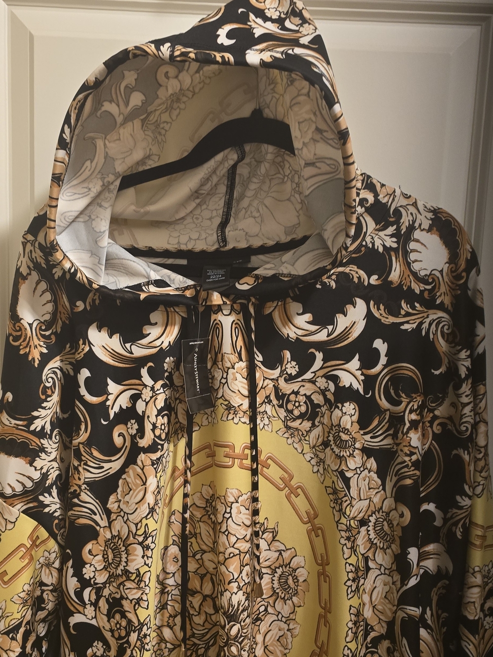 Ashley Stewart Black Dress with Yellow Medallion and Cream Baroque Print